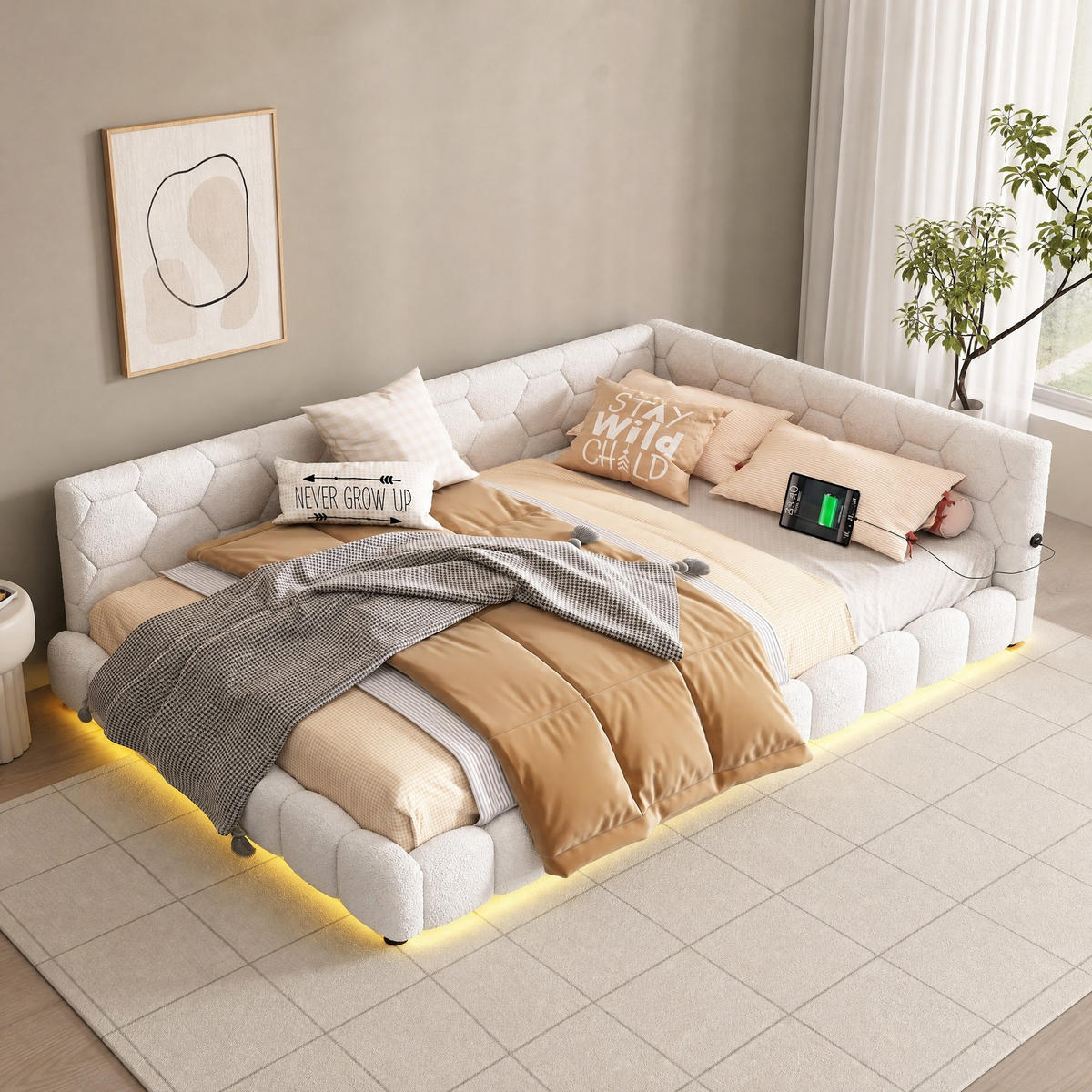 TAGESBETT 140/200 cm Weiß mit LED, USB und Typ-C ohne Matratze - Weiß, Textil (140/200cm) - MIVRAY