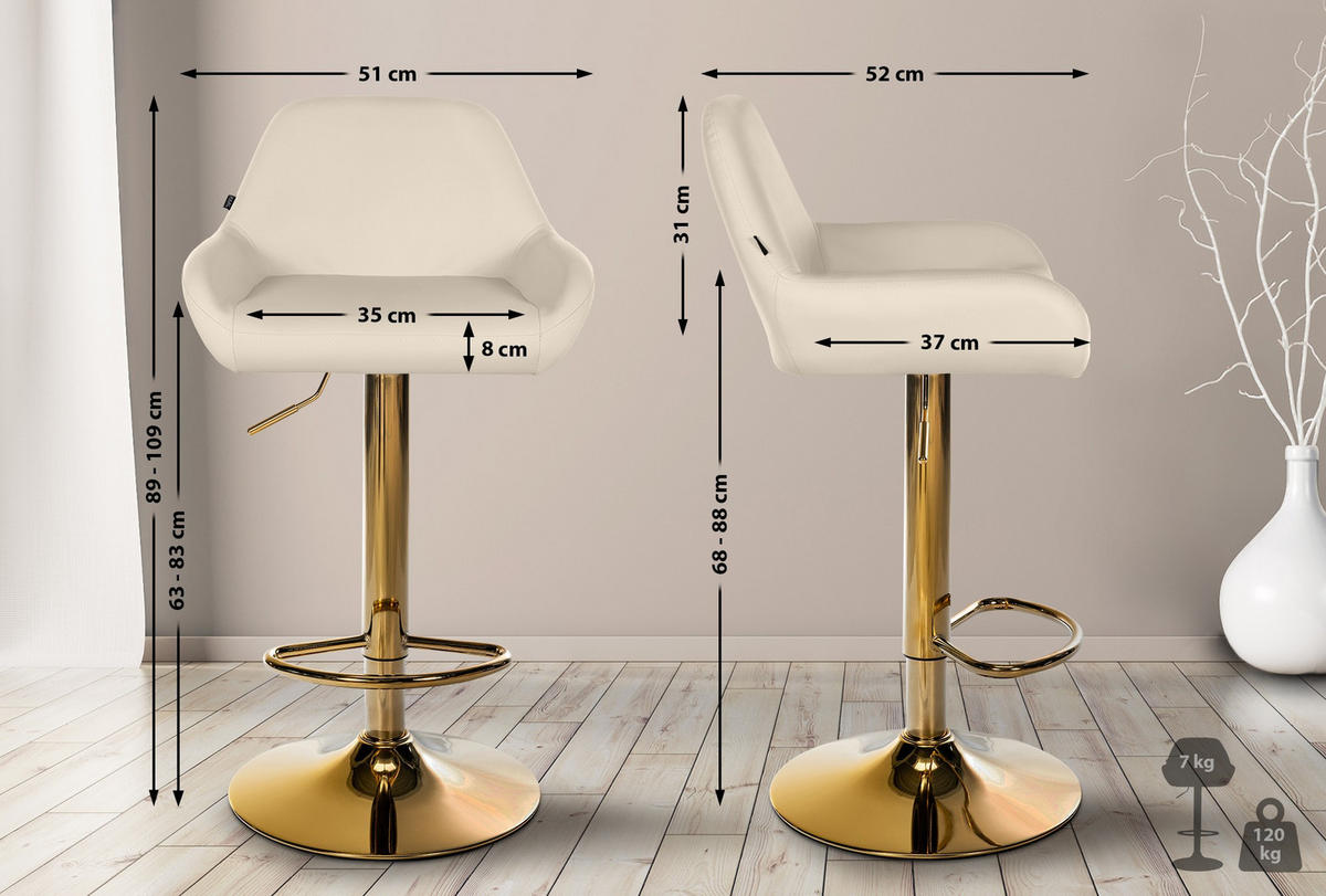 BARHOCKER 2er Set Lederlook creme - Goldfarben/Creme, Textil/Metall (51/89/52cm) - CLP