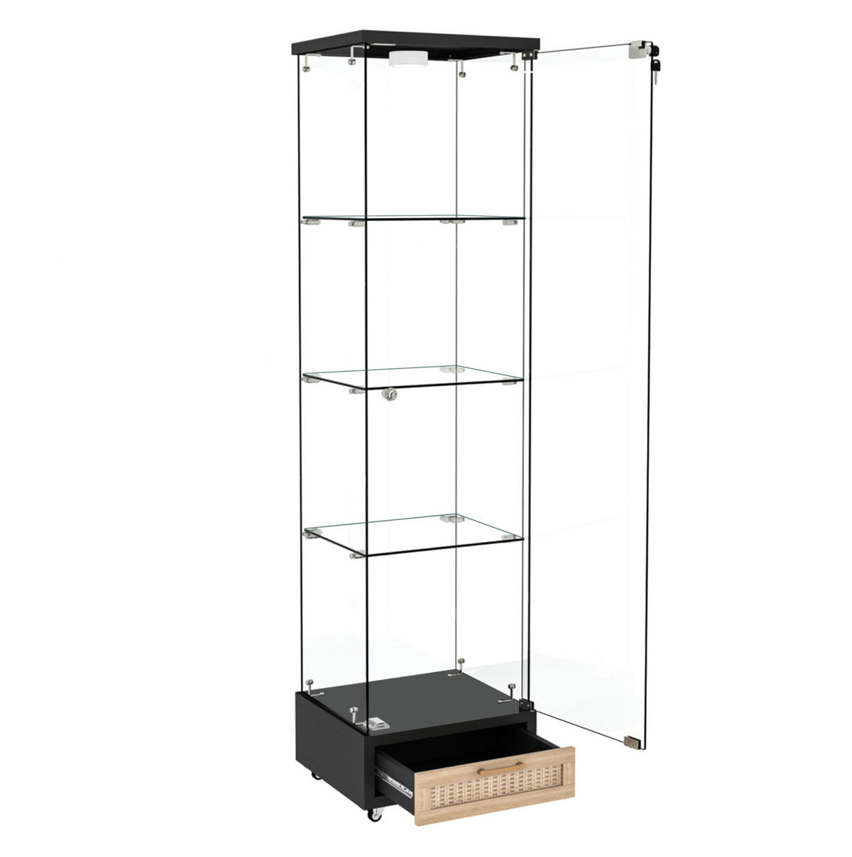 VITRINE 36,5/42,5/167 cm aus MDF und Glas mit LED-Beleuchtung, Rollen und abschließbarem Stauraum, Schwarz - Schwarz, Holzwerkstoff (42.5/167/36.5cm) - Redom