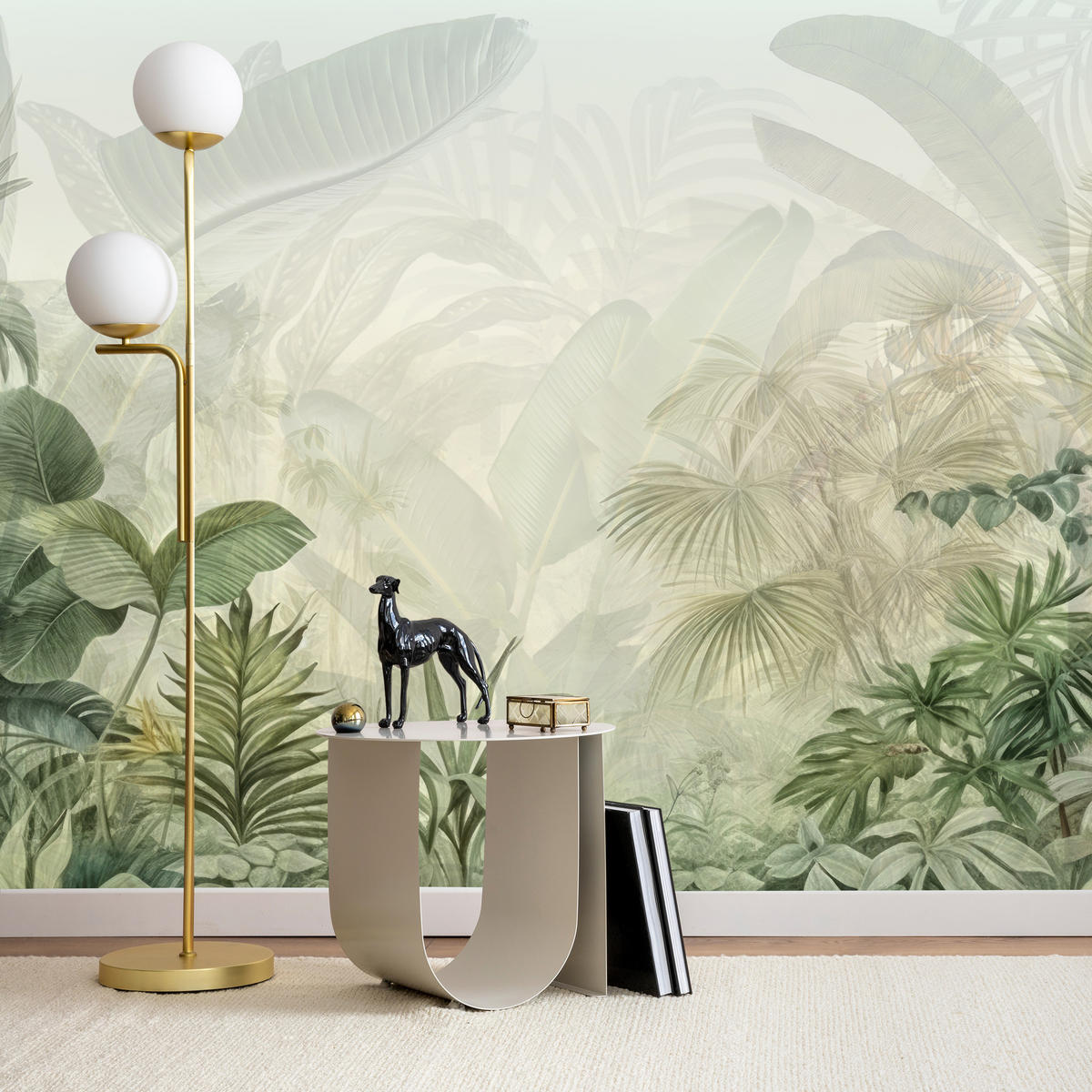 FOTOTAPETE für Schlafzimmer Tropenpflanzen Nebel Palmen Blätter 100x70 - Weiß/Grau, Papier (100/70cm) - Muralo