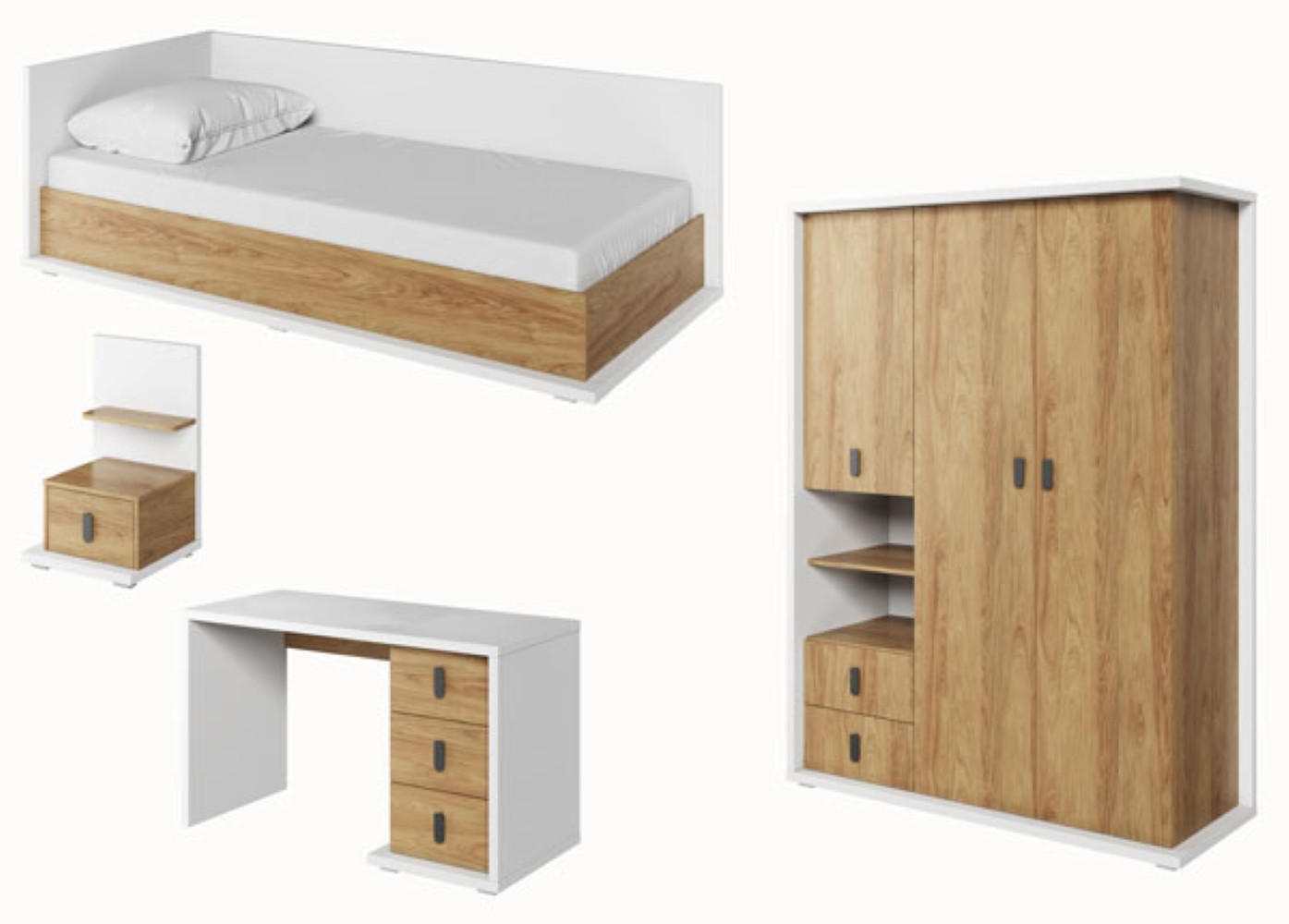 JUGENDZIMMER-SET Simi weiß / Hickory Oak 420 / 212 / 200cm 4-teilig - Eichefarben/Braun, Holz/Holzwerkstoff (420/200/212cm) - Feldmann-Wohnen