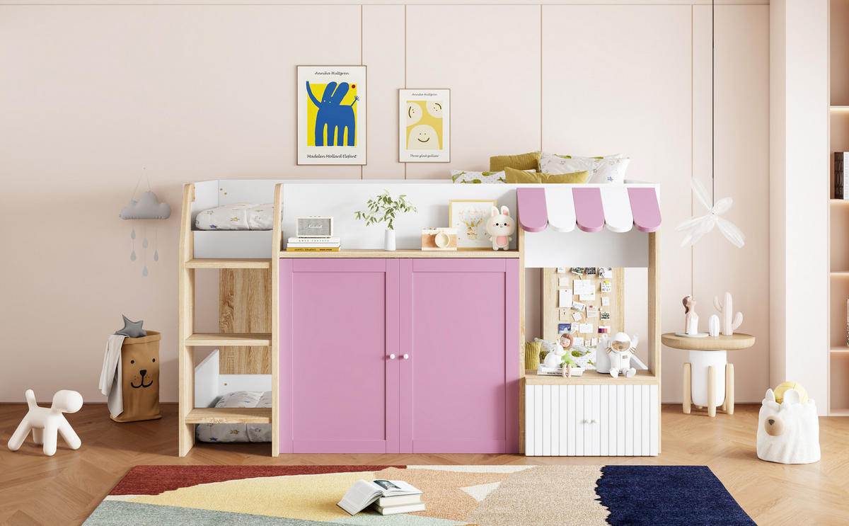 HOCHBETT 90x200 cm Haus Leiter Stauraum - Rosa, Holz (90/200cm) - LEBENLANG