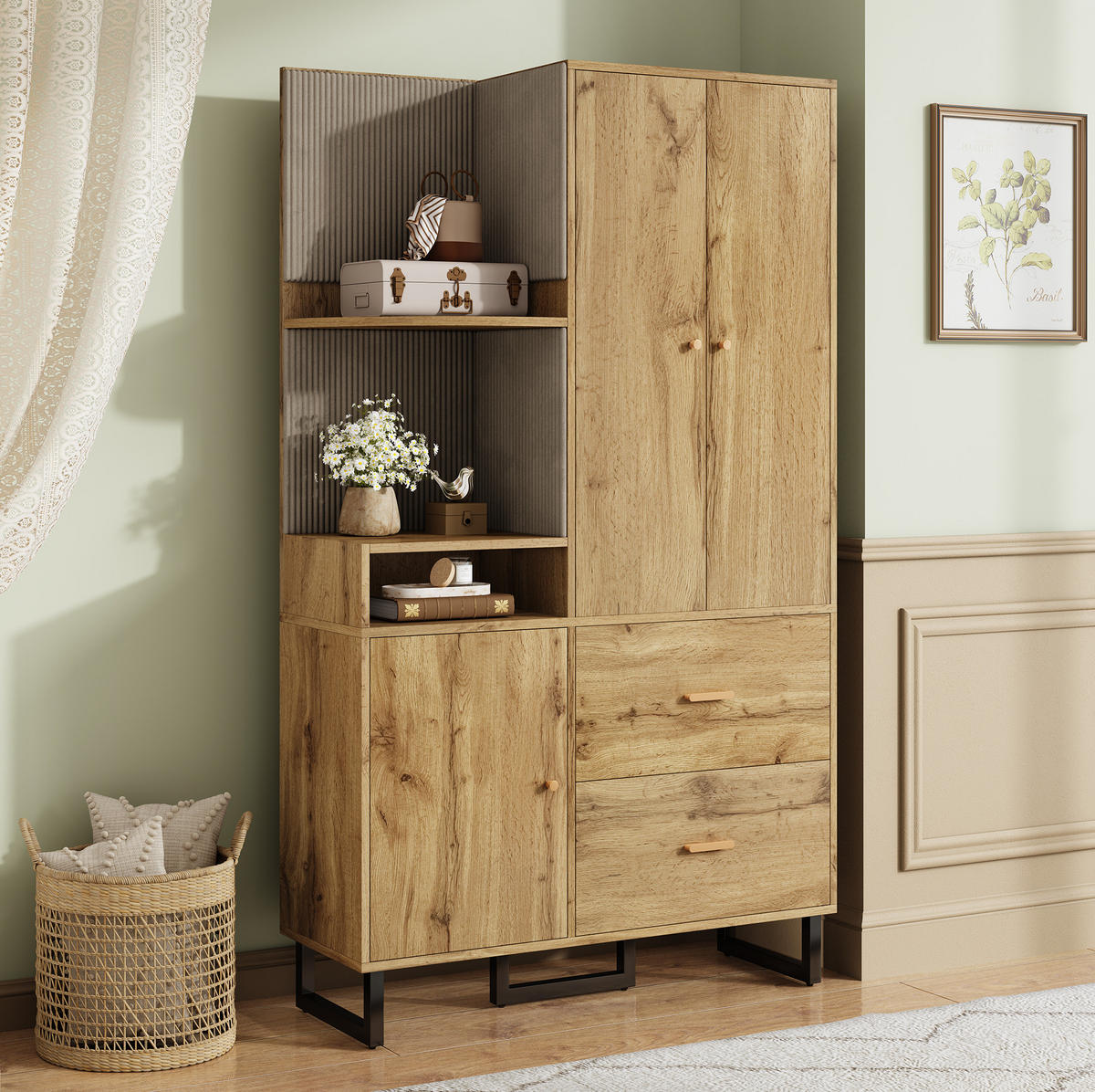 GARDEROBE 110/186/38 cm Schwarz/Natur aus MDF mit Schubladen - Naturfarben, Holzwerkstoff (38/186/110cm) - OKMYHOME