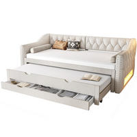 TAGESBETT aus MDF und Leinenmischgewebe 90x200 cm Beige mit LED-Beleuchtung, Ausziehbett und 3 Schubladen - Beige, Textil (90/200cm) - Modfu