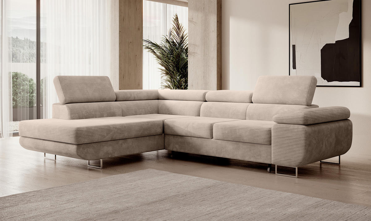 ECKSOFA Stevil Dunkelbeige Cordbezug - Silberfarben/Mokka, Textil/Metall (275/203cm) - Selsey