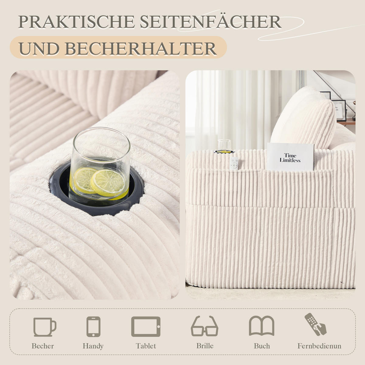 CHAISELONGUE in Cord Übergroßer Relaxsessel mit Seitentaschen - Beige, Textil (158/61/93cm) - Urban Meuble