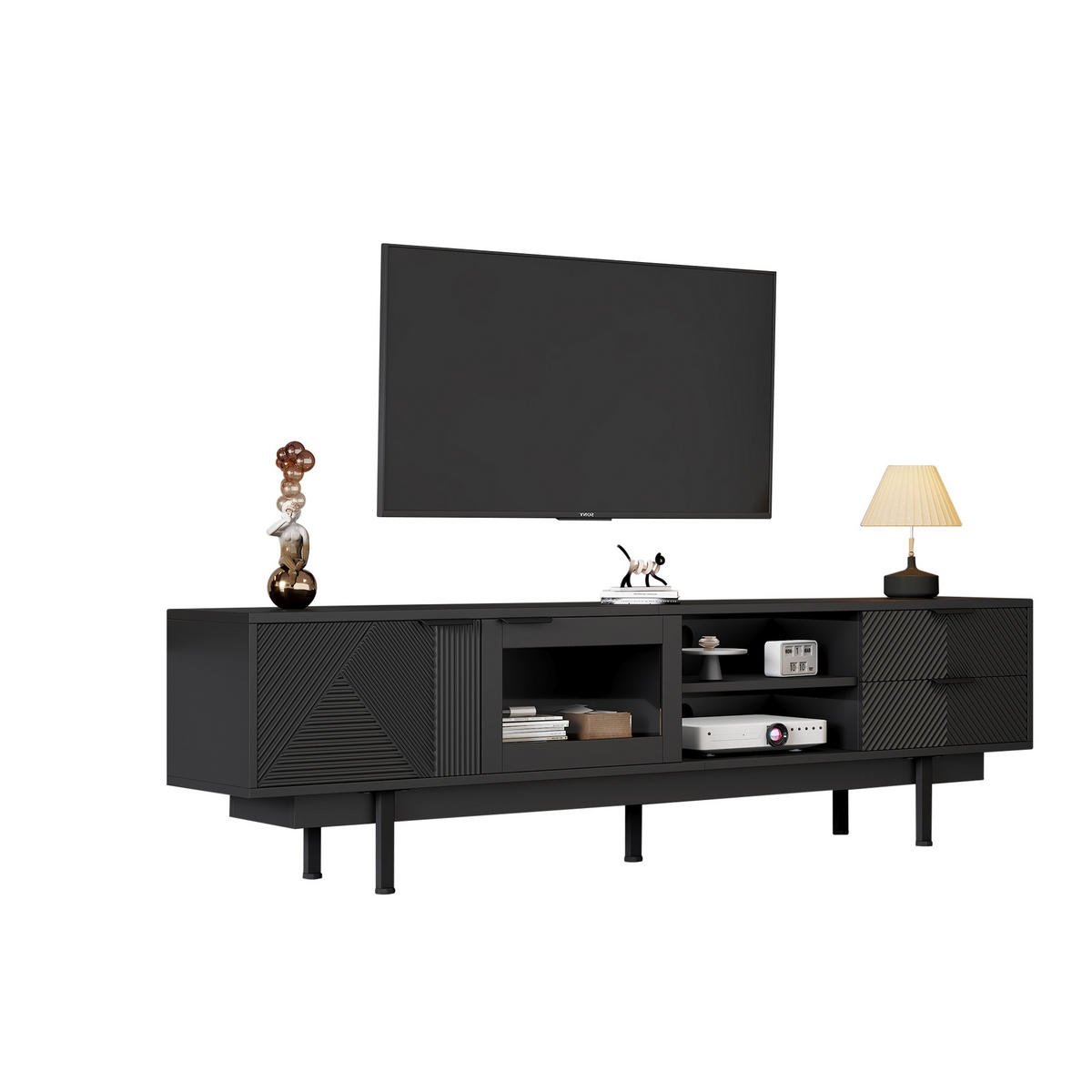 TV-SCHRANK 200/40/50,5 cm schwarz Spanplatte mit 2 Türen und 2 Schubladen - Schwarz, Holzwerkstoff (200/50.5/40cm) - OKWISH