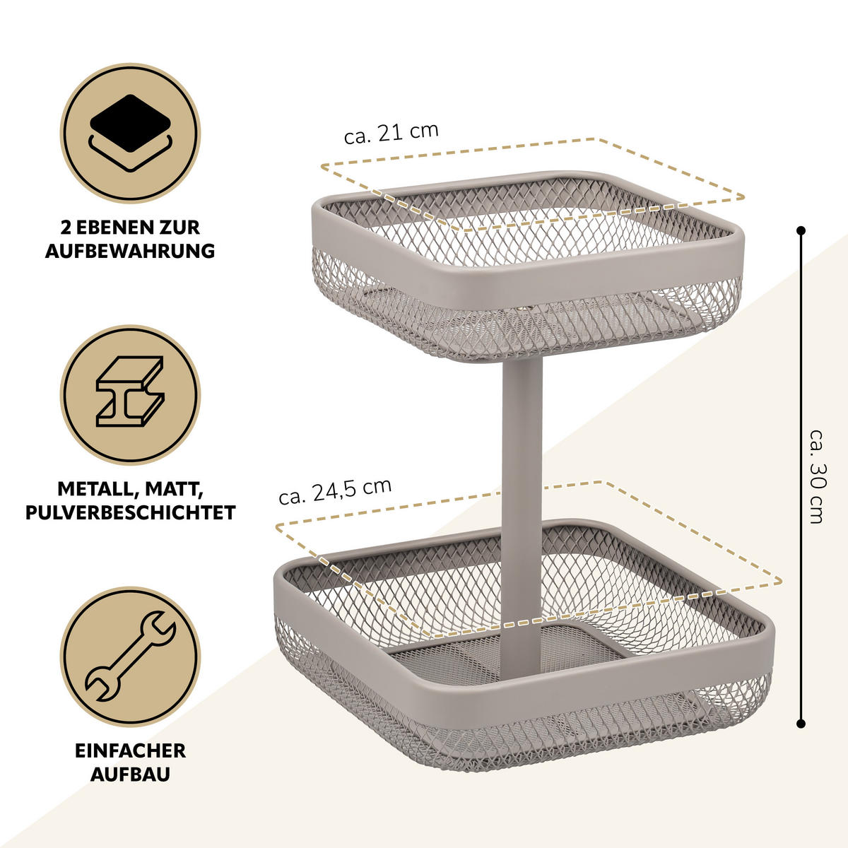 OBSTETAGERE, eckig, 2-stöckig, Ø 20 cm und 25 cm, taupe, Metall - Taupe, Metall (30cm) - eluno