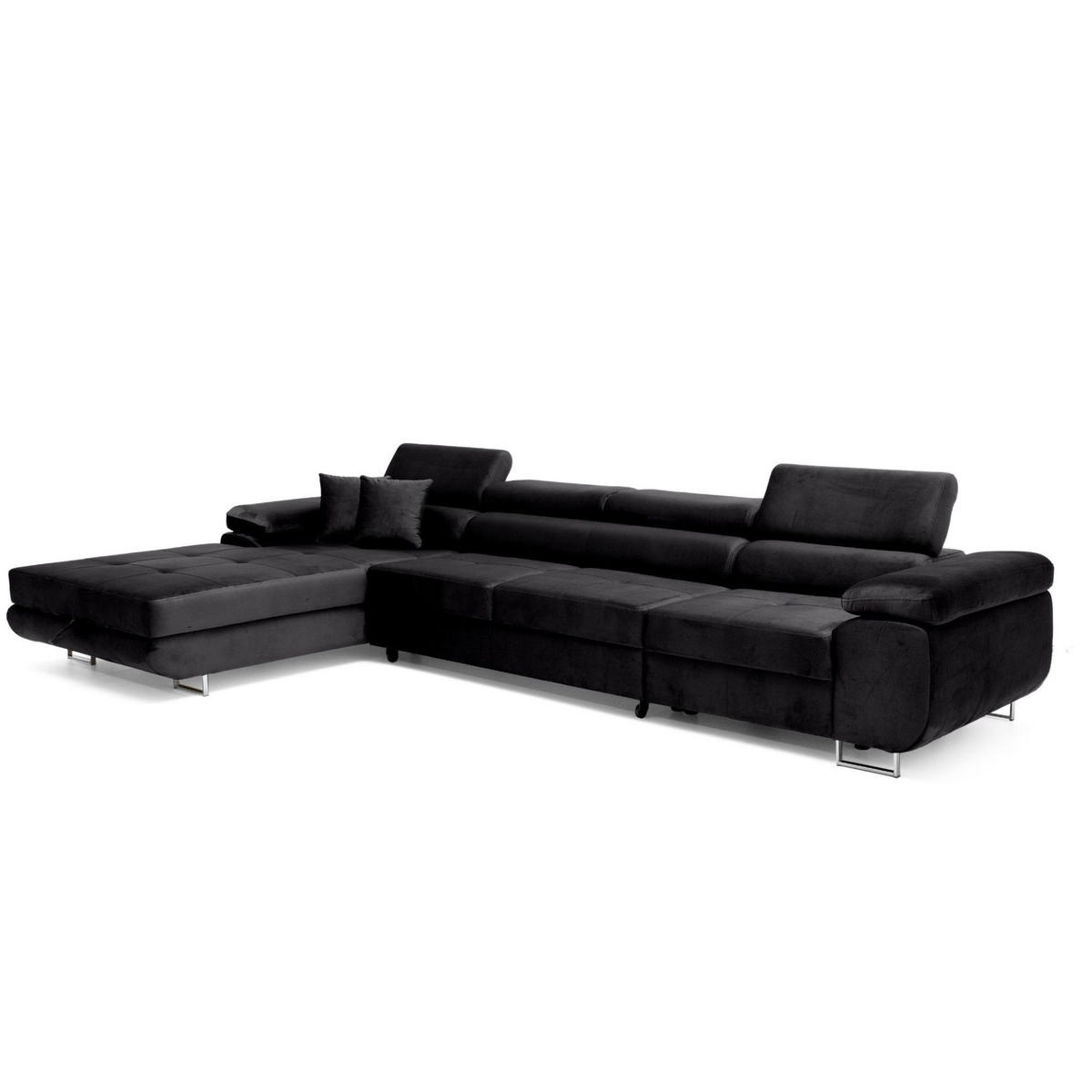 ECKSOFA ALONZO MAXI Links mit Schlaffunktion 125x195 Velours Schwarz - Silberfarben/Schwarz, Holz/Textil (350/203cm) - Muffo