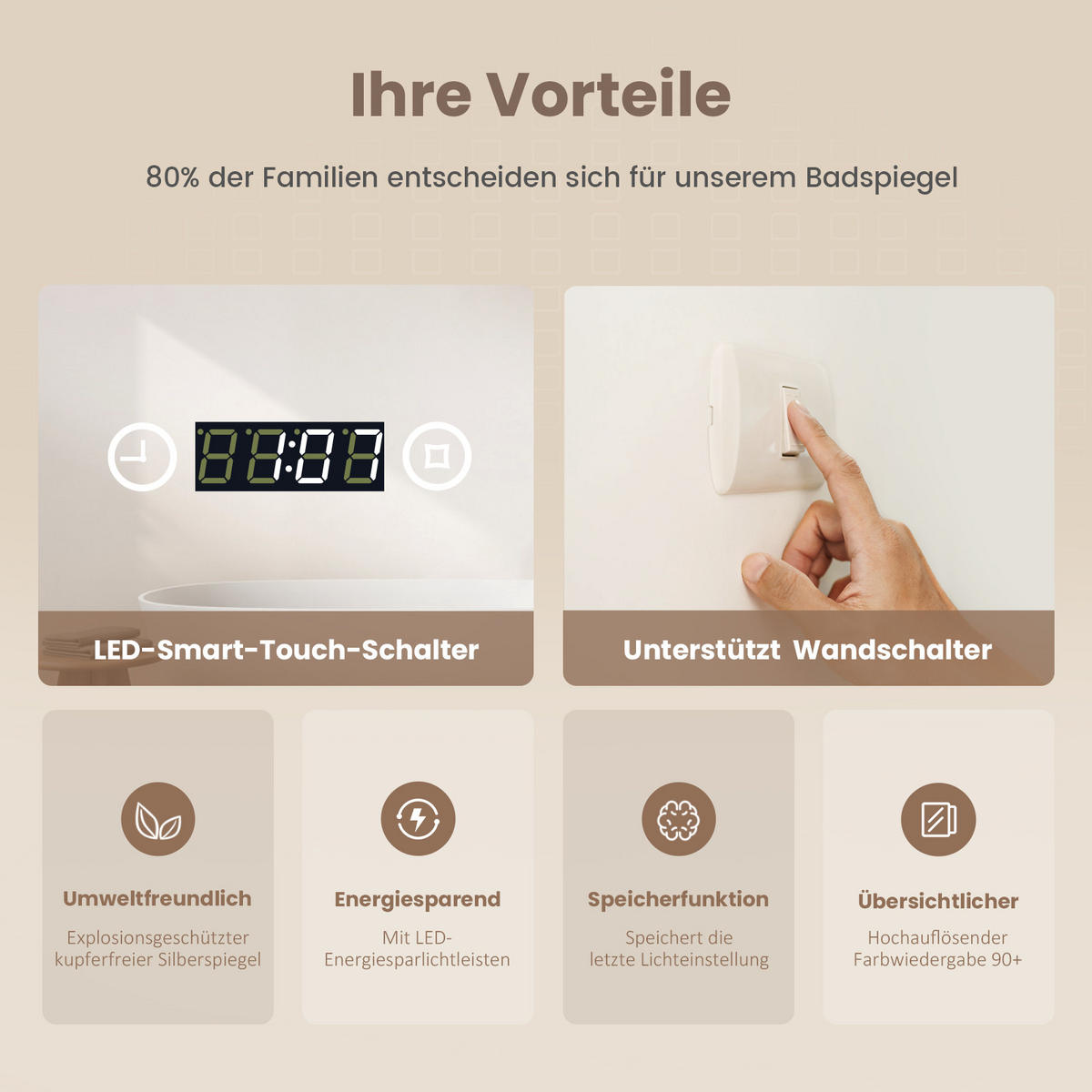 BADSPIEGEL mit Uhranzeige Beleuchtung mit Integriertem Schminkspiegel 100/60 cm - Weiß, Glas (60/3.5/100cm) - EMKE