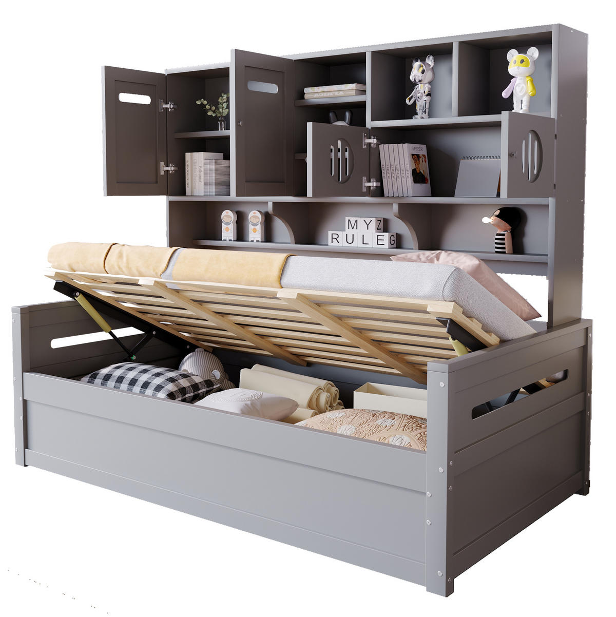 POSTEĽ z dreva 90/200 cm sivá, multifunkčný úložný priestor, hydraulická - sivá, drevo (90/200cm) - BEAOK