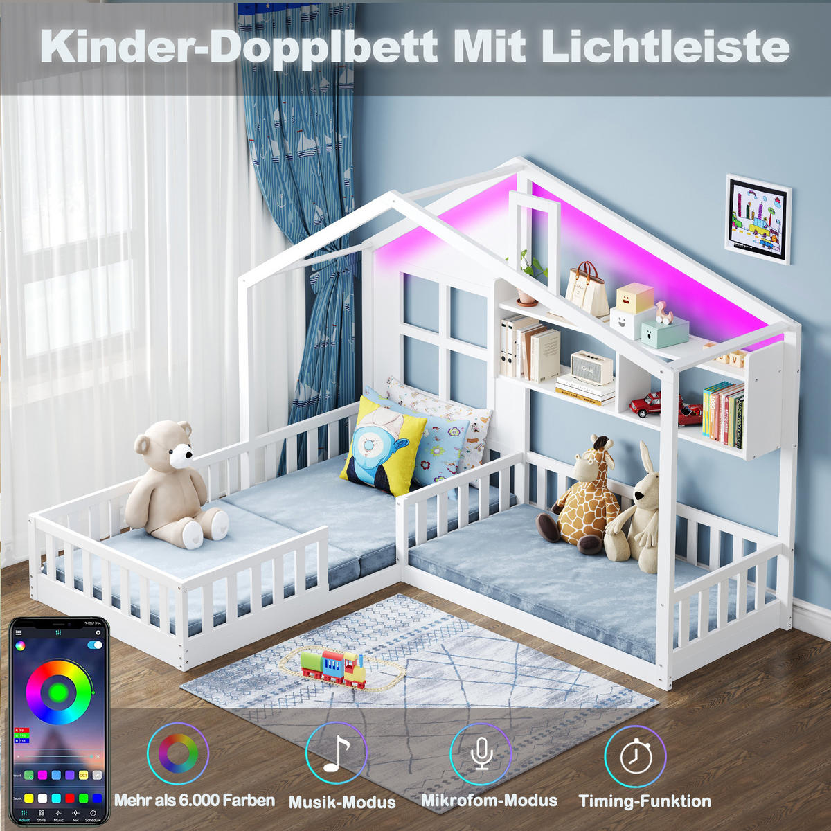 KINDERBETT 90/140x200 cm LED Regal weiß - Weiß, Holz (140/200cm) - LEBENLANG