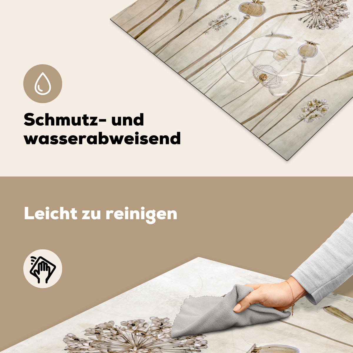 HERDABDECKPLATTE Blumen - Aquarell - Stilleben - Braun - Vintage 77x59 cm - Sandfarben, Kunststoff (77/59/0.2cm) - MuchoWow