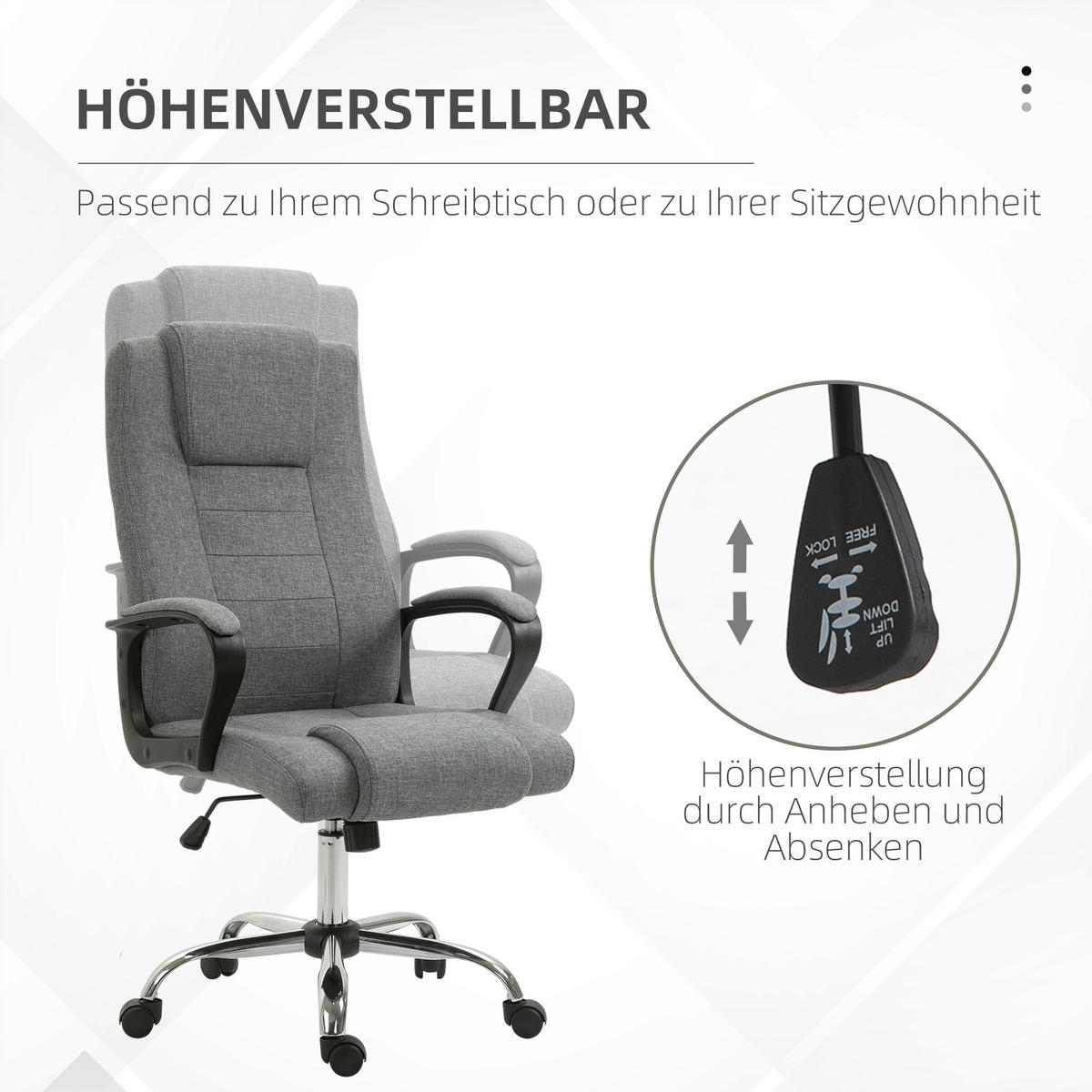BÜROSTUHL Computerstuhl mit Wippenfunktion höhenverstellbar drehbar Leinen-Touch - Dunkelgrau, Kunststoff (62/119/76cm) - Vinsetto