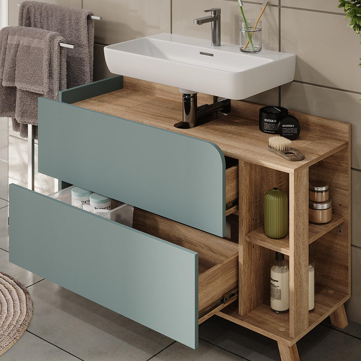 BADMÖBEL-SET Karen Sonoma/Blau 4 Teile - Blau, Holzwerkstoff (100/65/35cm) - Vicco