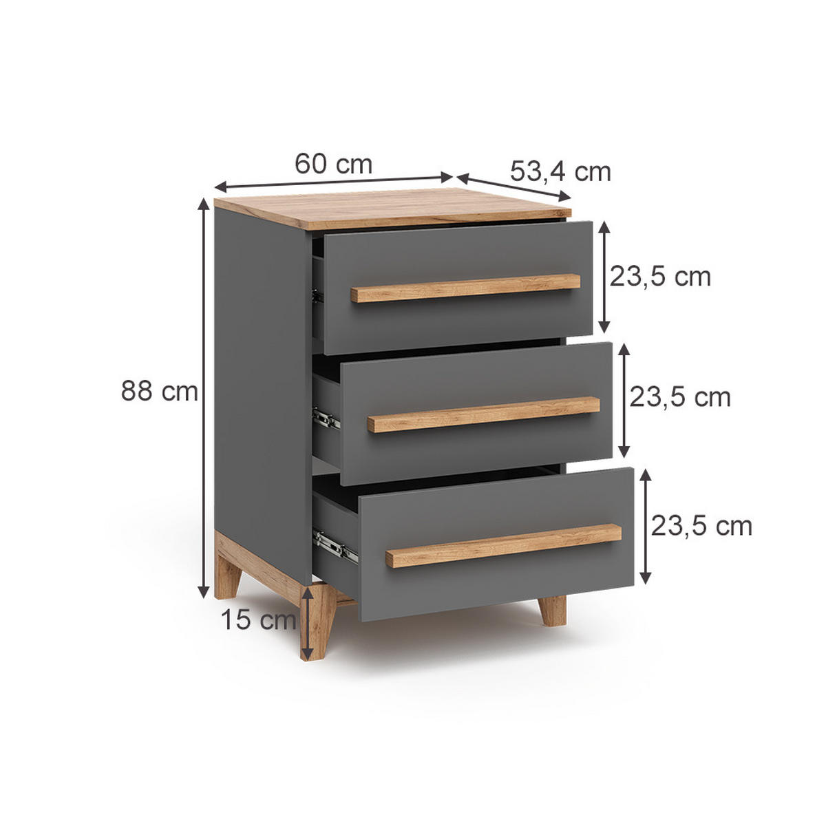 KOMMODE Malia Grau/Artisan 60 x 88 cm mit 3 Schubladen - Hellgrau/Grau, Holzwerkstoff (60/88/53.4cm) - VitaliSpa