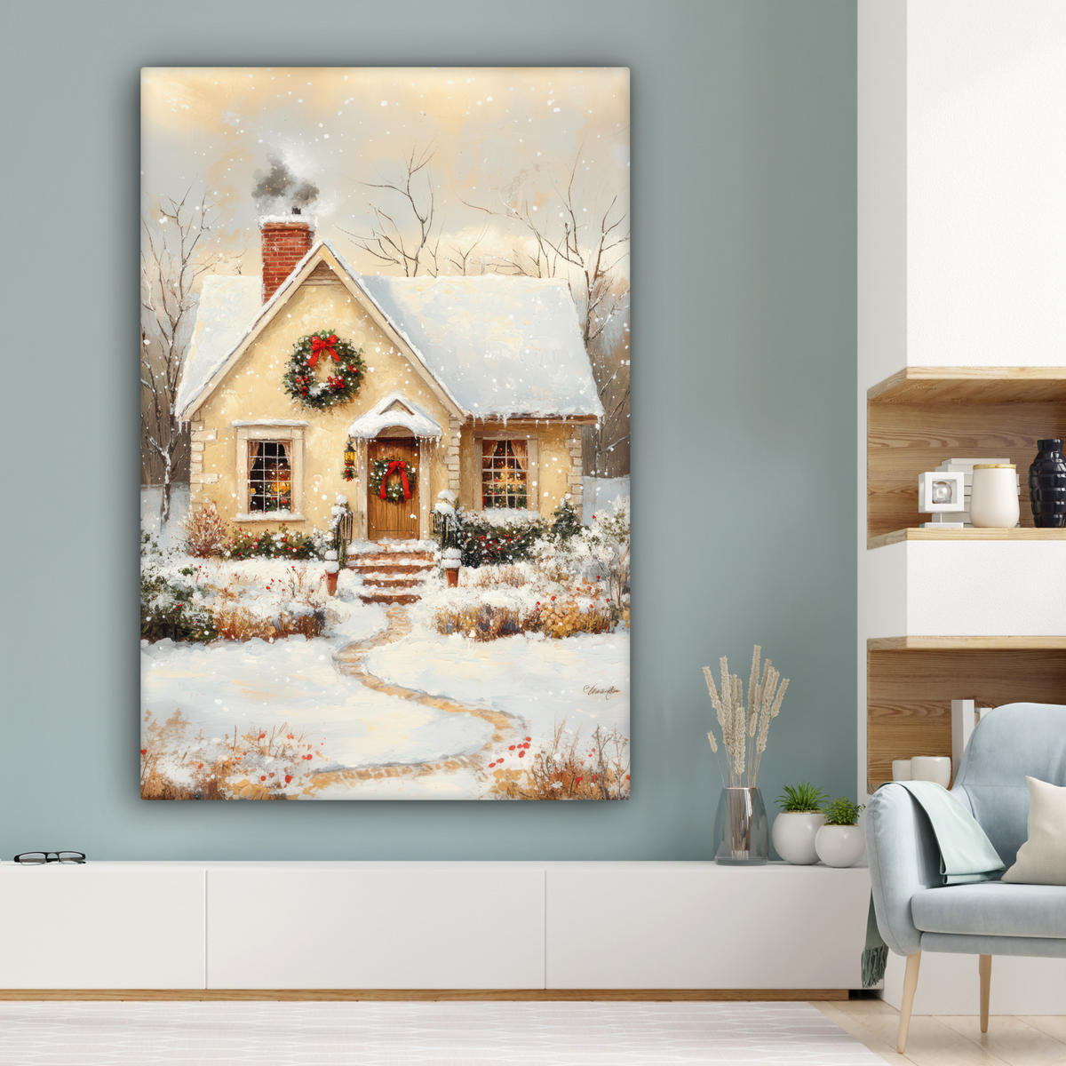 OBRAZ NA PLÁTNĚ Vánoce - Domov - Zima - Sníh 90x140 cm - krémová, textil (90/140cm) - MuchoWow