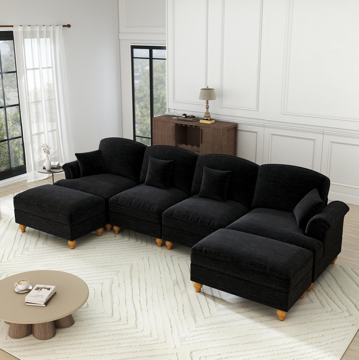 ECKSOFA 350/140/93 cm schwarz aus Chenille mit abnehmbarem Volant und beweglichem Hocker - Schwarz, Textil (140/350cm) - OKWISH