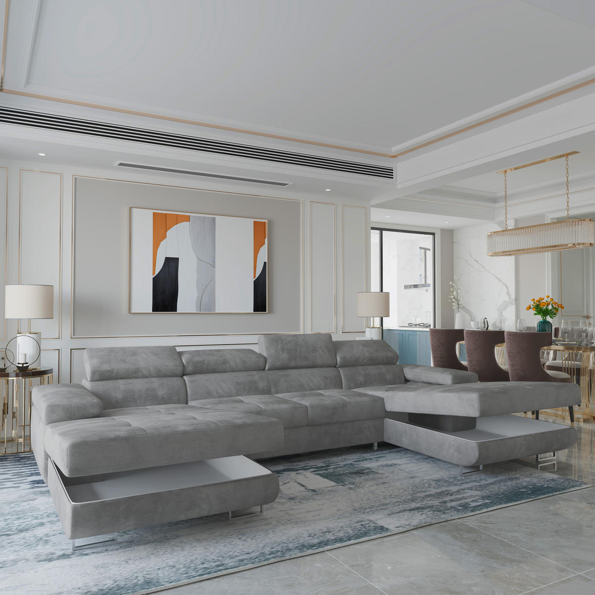 WOHNLANDSCHAFT LYKKE Grau Velours-Stoff mit Schlaffunktion - Grau, Holz (353/90/202cm) - MASSENO