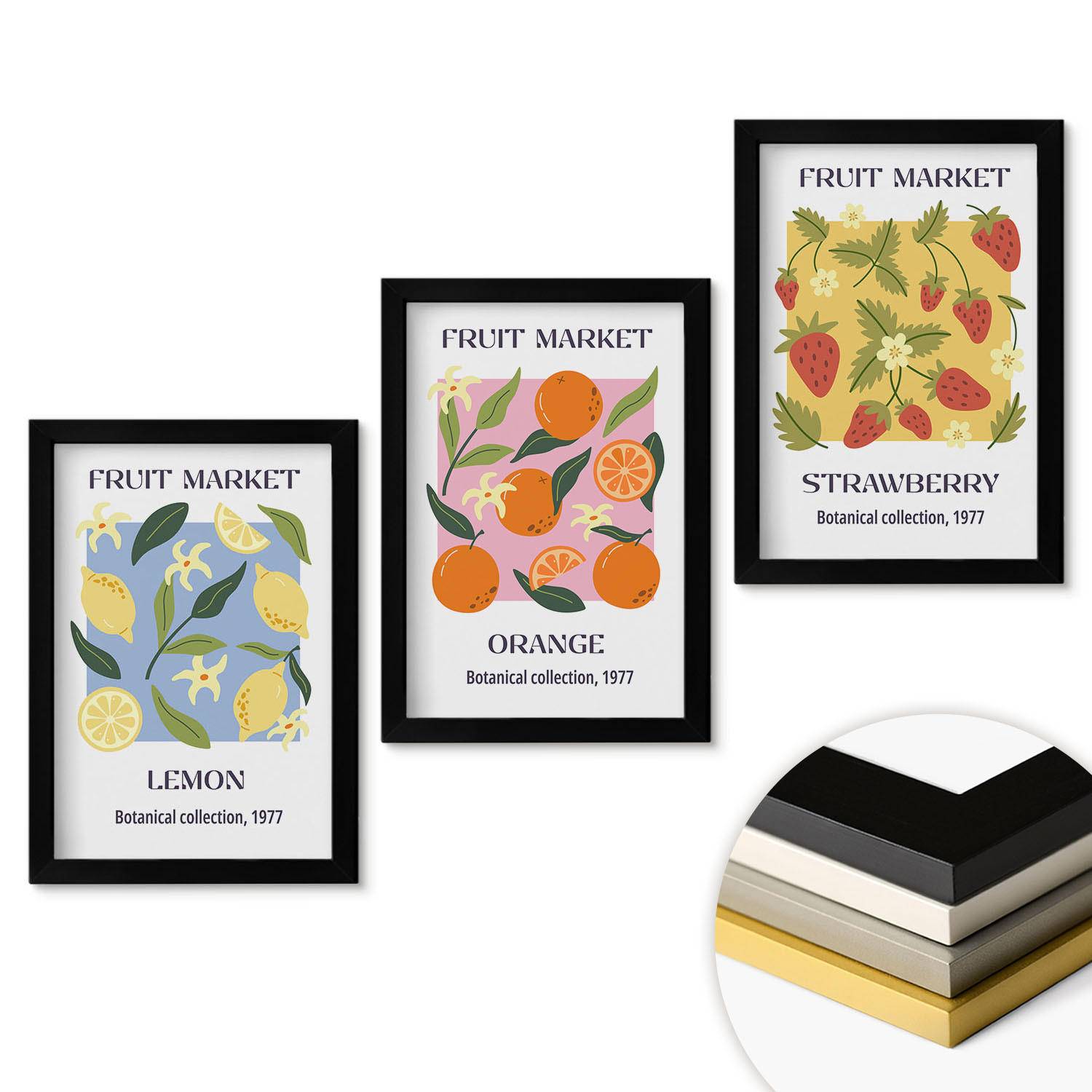 WANDBILDER 3er-Set - 20x30 cm Schwarzer Rahmen - Fruchtposter Zitronen Erdbeeren - Schwarz, Kunststoff (20/30cm) - ArtPrintCave
