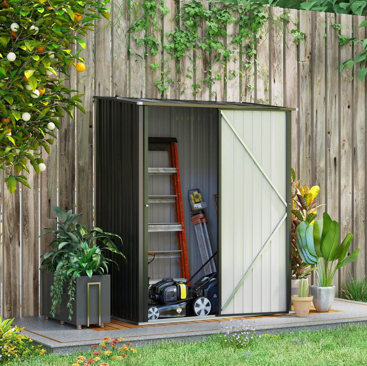 GARTENSCHRANK aus Stahl 161,5x94,5x183/196 cm in Schwarz mit abschließbarer Tür - Schwarz, Metall (94.5/196/161.5cm) - Modfu