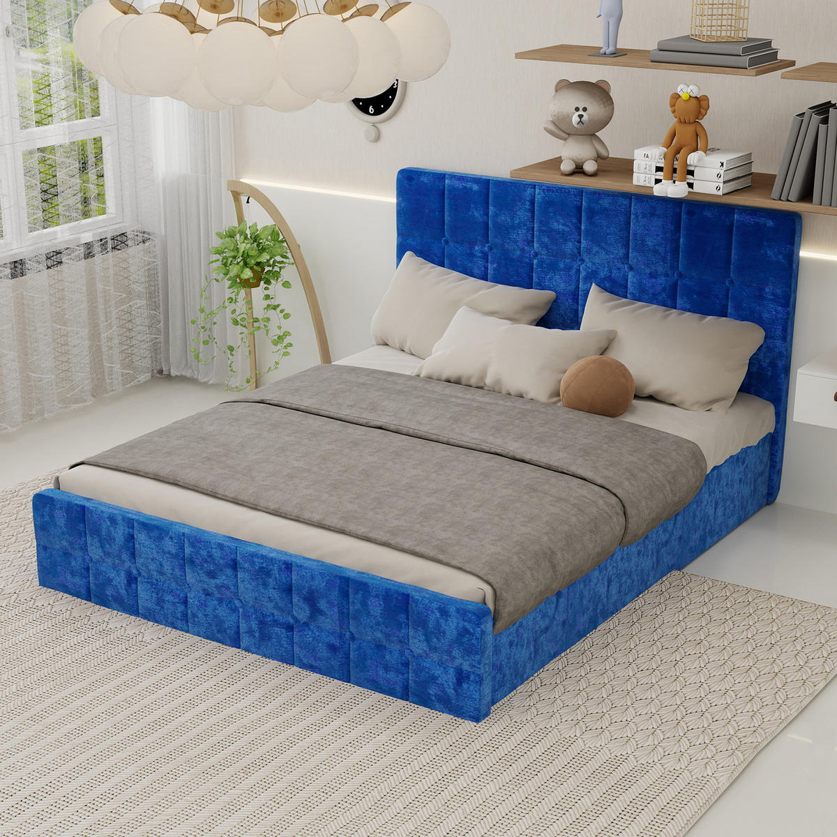 BETT mit Kopfteil 160x200 cm Blau Flannelette - Blau, Metall (160/200cm) - Meubliv