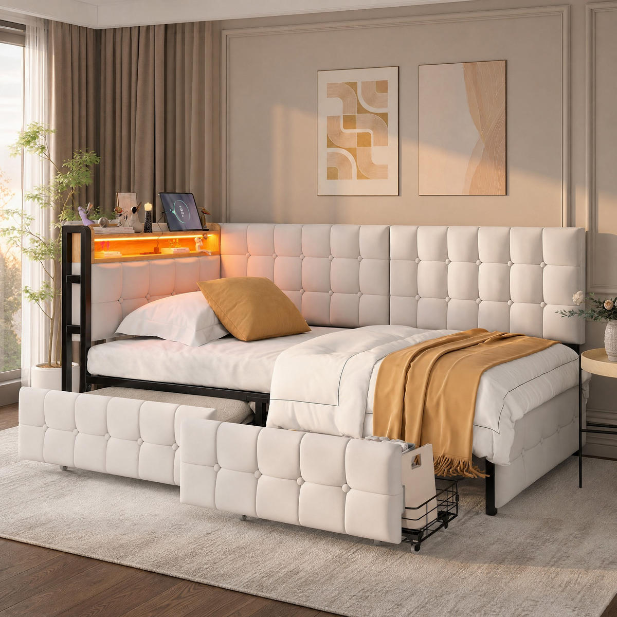 POLSTERBETT 90/200 mit LED, 2 Schubladen und USB-C in Beige - Beige, Holzwerkstoff/Textil (90/200cm) - EVRYAE