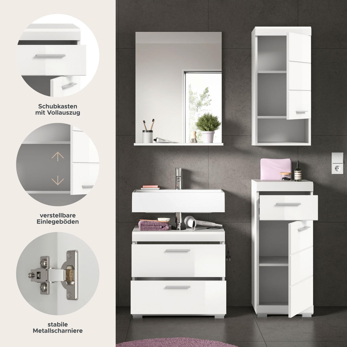 BADKOMBINATION 4tlg. Scout Bad in weiß Nachbildung und weiß hochglanz B/H/T: 112x191x34 cm - Weiß, Holz (112/191/37cm)