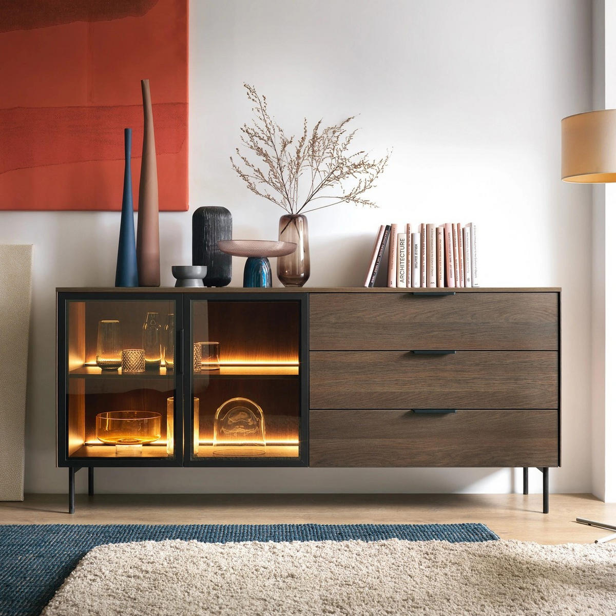 SIDEBOARD LUMI 181 cm Eiche Dunin - mit 2 Glastüren (links) und 3 Schubladen (rechts) - Eichefarben/Schwarz, Holz/Holzwerkstoff (181/83/39cm) - Ravio