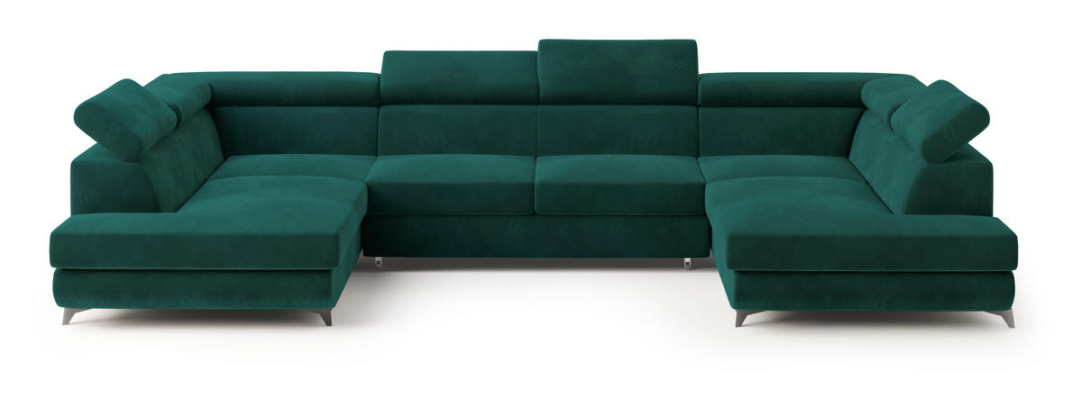 WOHNLANDSCHAFT VINTESSA Grün Velours-Stoff mit Schlaffunktion - Grün, Holz (323/89/190cm) - MASSENO