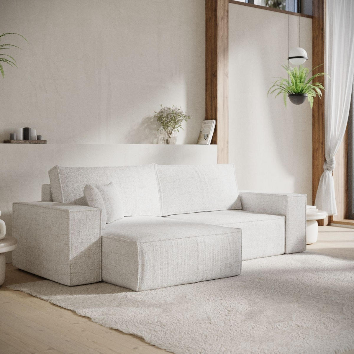 ECKSOFA CAVO mit Schlaffunktion Creme im Neve Stoff - Creme/Schwarz, Holz/Holzwerkstoff (255/148cm) - AltaBeds