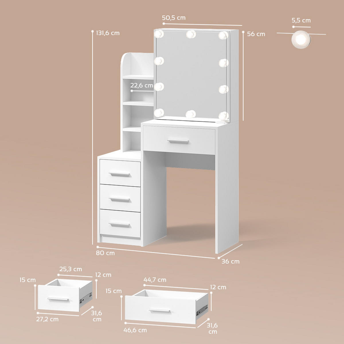 SCHMINKTISCH Loreta Weiß 80 cm mit LED Beleuchtung - Weiß, Holzwerkstoff (80/131.6/36cm) - Livinity®