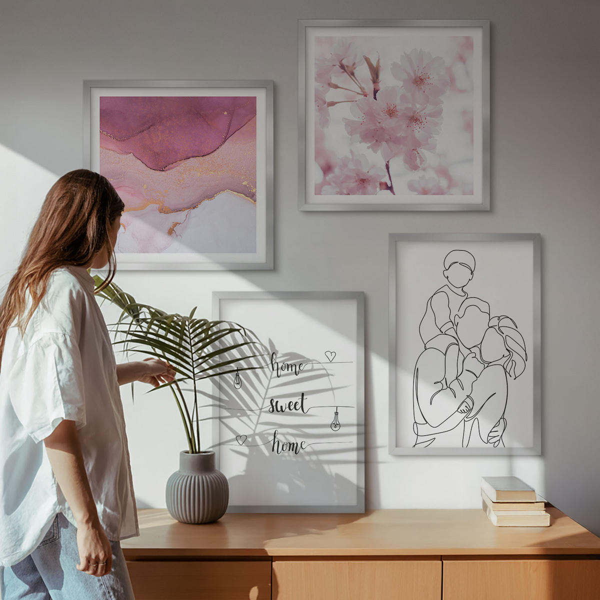 BILDER SET 4er Set - 50x50 cm & 40x60 cm Silberner Rahmen - Blumenfamilie minimalistisch - Silberfarben, Kunststoff (50/50cm) - TULUP