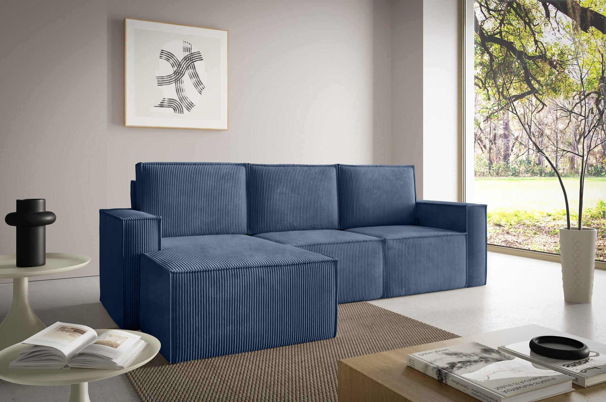 ECKSOFA Orto Dunkelblau, Dreisitzer Kordecksofa linke seite - Dunkelblau, Holzwerkstoff/Textil (180/142cm) - Bettso