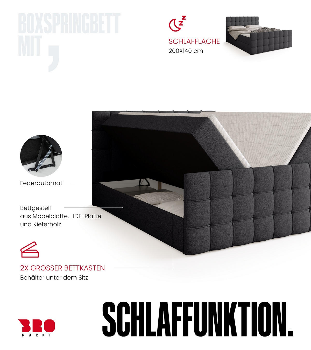BOXBETT Detroit Duo mit Topper 140/200 Dunkelgrau - Dunkelgrau, Textil (140/200cm) - Bromarkt