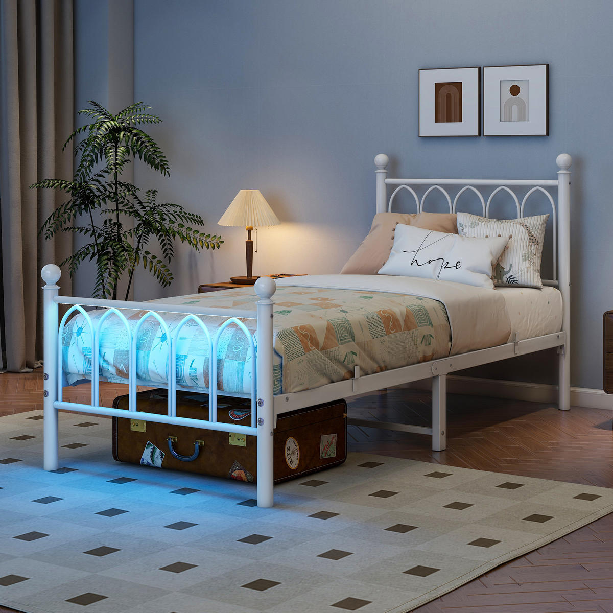 METALLBETT 90x200 cm LED USB Vintage weiß - Weiß, Metall (90/200cm) - LEBENLANG