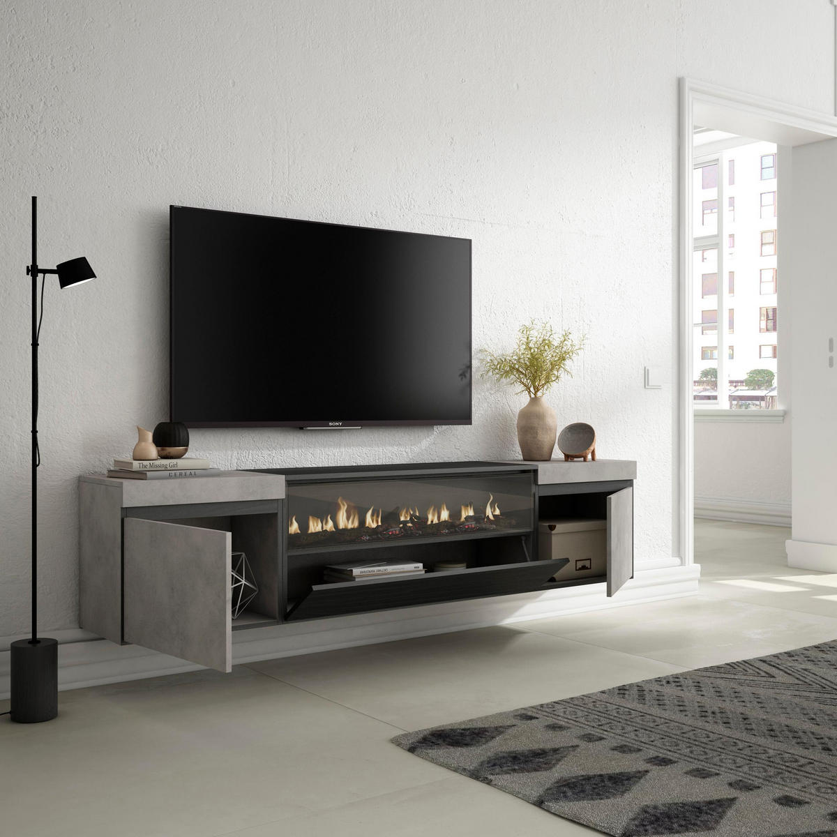 TV-SCHRANK zementgrau, mit Elektrokamin, Hängend, 200/35/45cm - Hellgrau, Holzwerkstoff (200/45/35cm) - Skraut Home