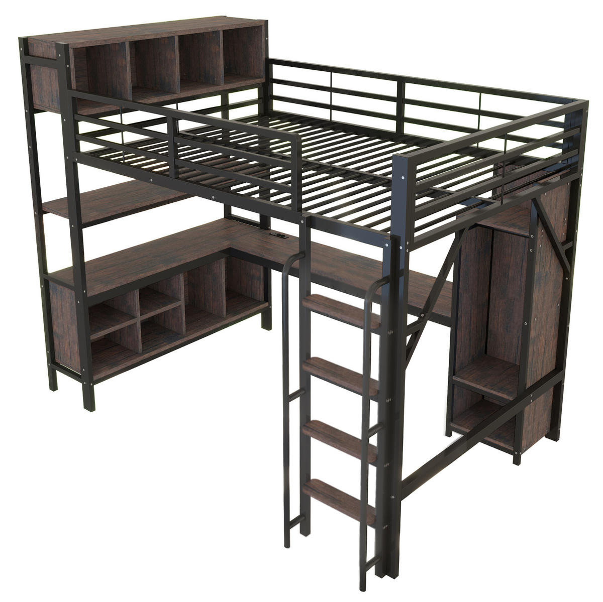 HOCHBETT 140/200 cm aus Metall mit Schreibtisch, Kleiderschrank, LED, Schwarz - Schwarz, Metall (140/200cm) - OKMYHOME
