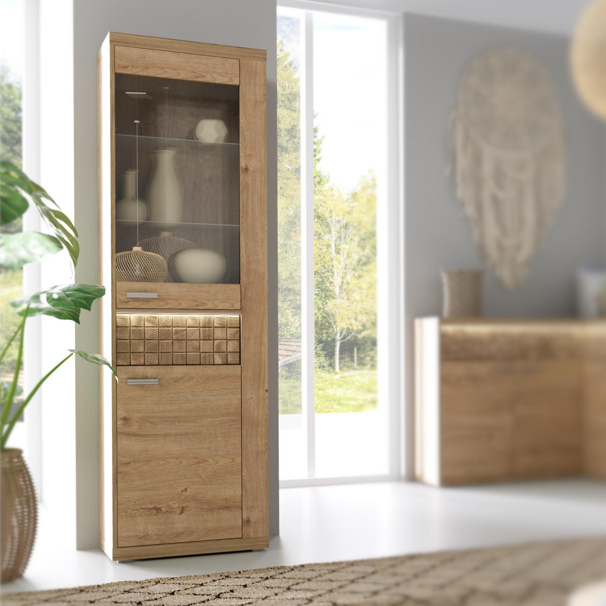 VITRINE BALESTRAND N4 Schublade Eiche - Hellbraun/Eichefarben, Glas/Holzwerkstoff (57/201/41cm) - Komodee