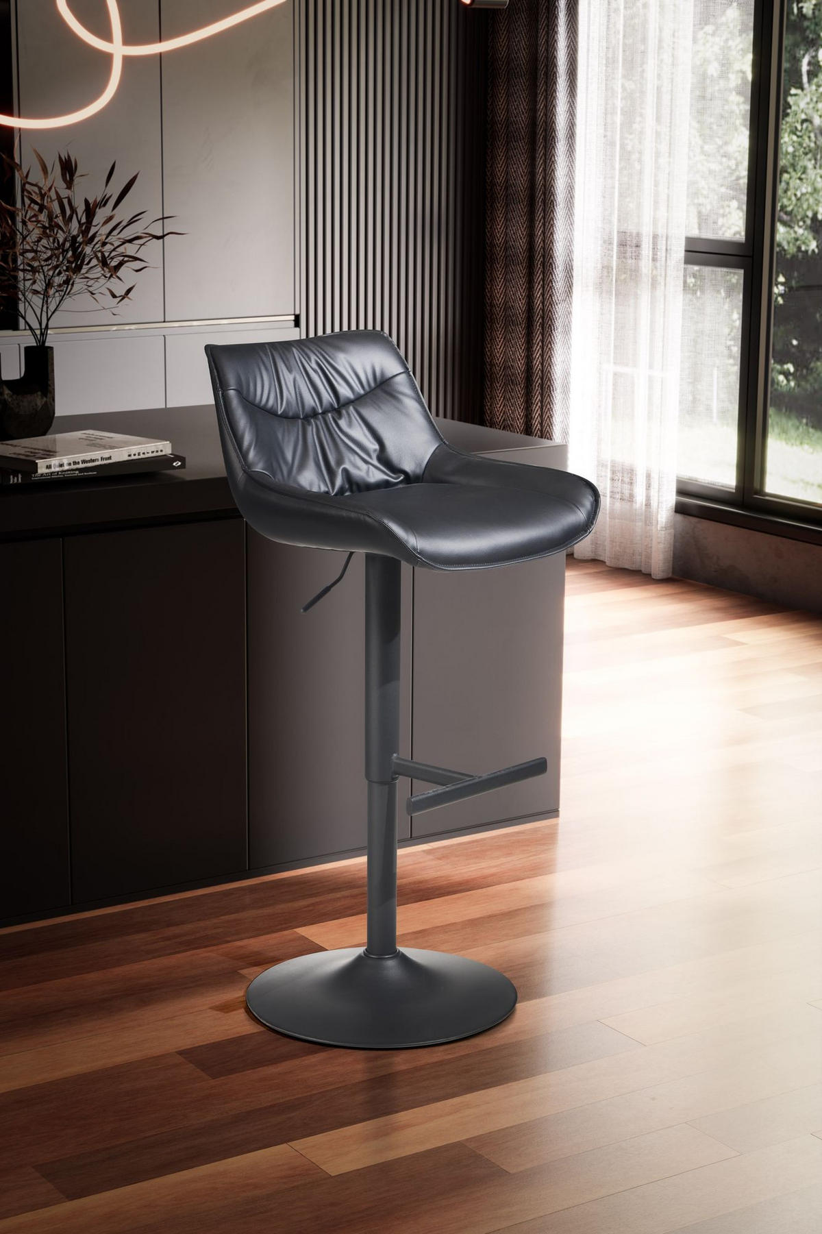 BARHOCKER – Kunstleder Schwarz, Rückenlehne, höhenverstellbar 86–106 cm, Trompetenfuß, 100 kg - Schwarz, Kunststoff/Textil (45/106/55cm) - KADIMA DESIGN