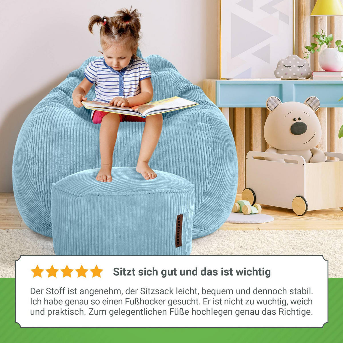 XXL-SITZSACK 2er Set + Pouf - Cordstoff - Hellblau, Textil (90/110/90cm) - Green Bean