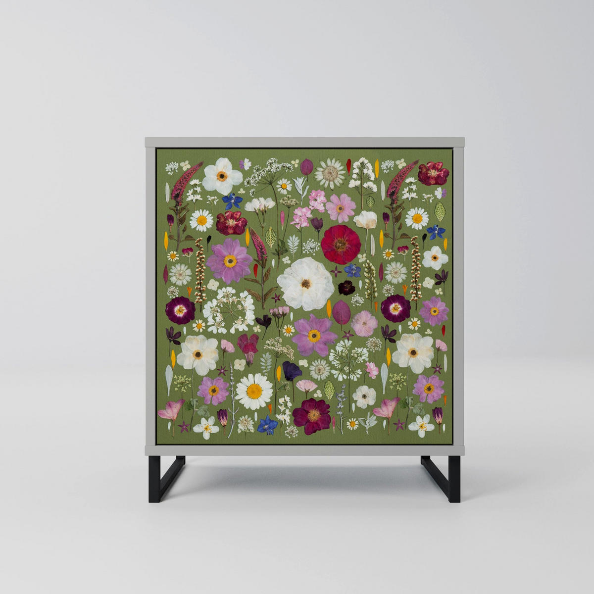 SIDEBOARD WILD GARDEN, Grau, 57,5x42x67,5 cm, Schwarze Metall-Rahmenfüße - Multicolor/Schwarz, Holzwerkstoff/Metall (57.5/67.5/42cm) - SpaceRebels