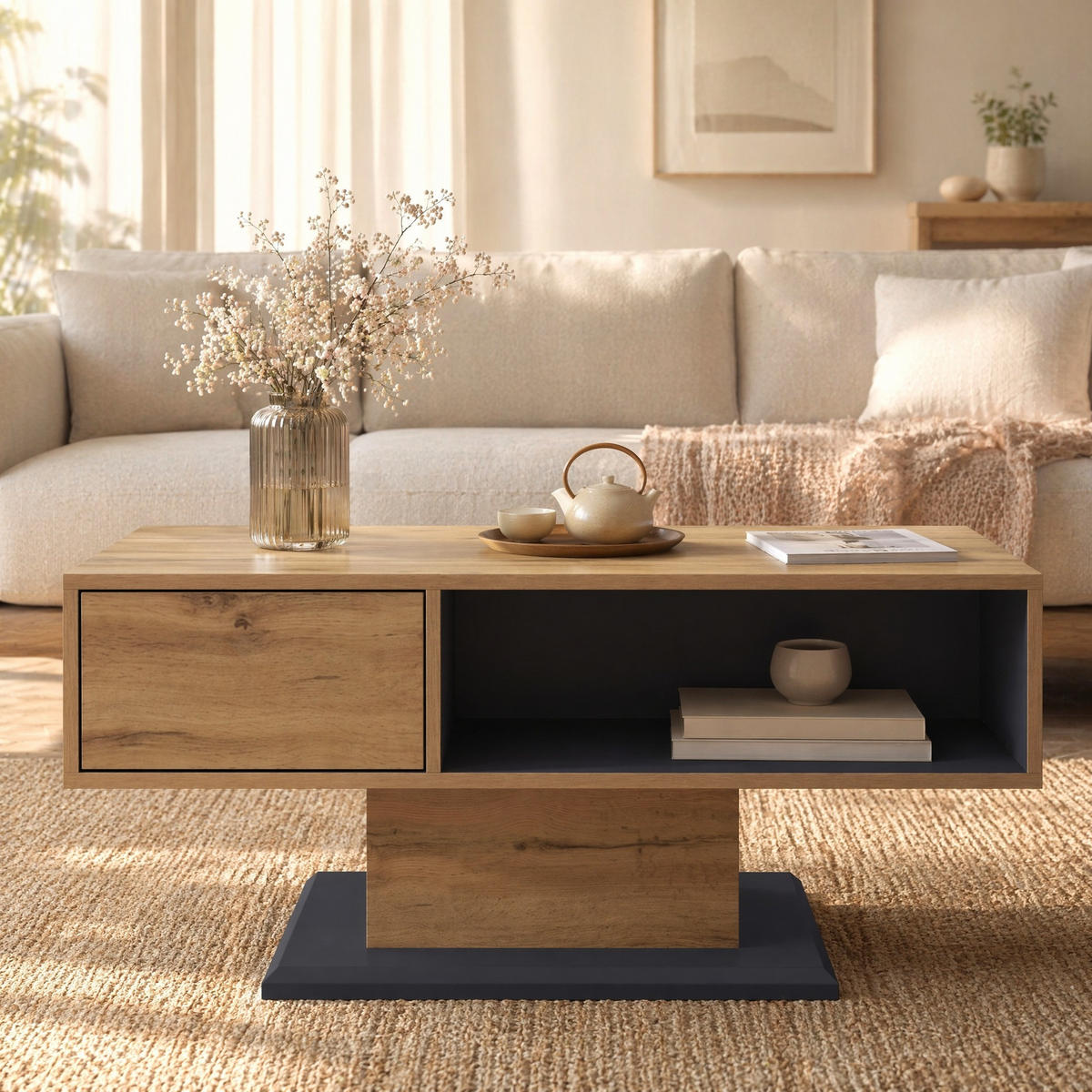COUCHTISCH in Naturfarben mit doppelseitigem Stauraum, großem Ablagefach und Innenfach ,B100/T50/H46.5 cm - Naturfarben, Holzwerkstoff (50/100/46.5cm) - STILVORA
