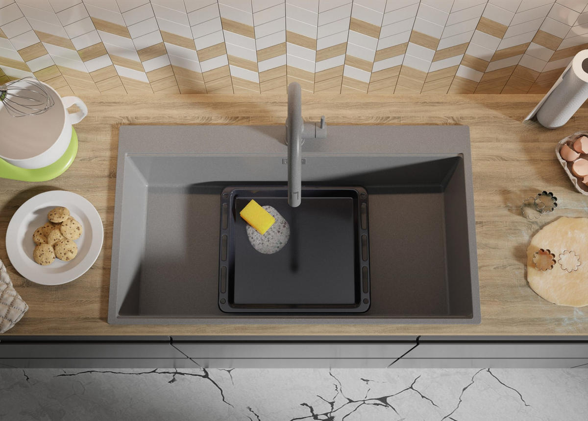 SPÜLBECKEN Oslo, 2-er set Grau 88/50 cm 1 Becken + Ablauf-Set + Schneidebrett ab 90er Unterschrank - Beige/Grau, Kunststoff (88/20/50cm) - Primagran