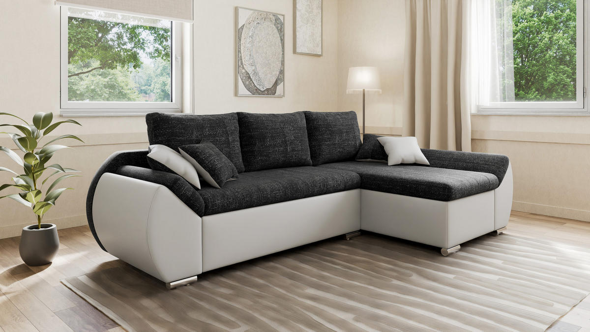 ECKSCHLAFSOFA ALEX – Schwarz + Weiß (Lawa 06 + Soft 17) + Hocker - Rechts - Schwarz, Holzwerkstoff/Metall (275/155cm) - Möblo