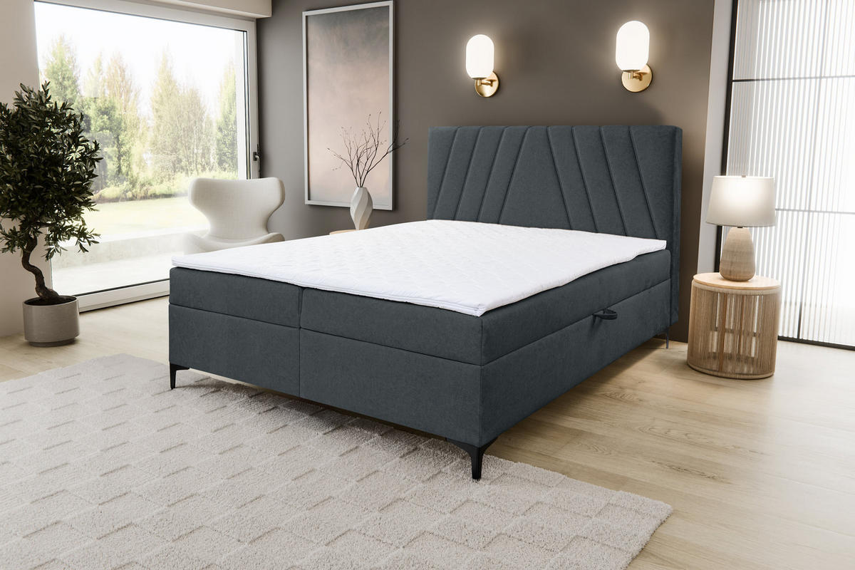 BOXBETT CAPRI mit 2 Bettkästen, Maße: 180x200 cm, Farbe: Dunkelgrau, Velourstoff, mit Bonell-Matratze inkl. Topper - Dunkelgrau, Holz/Kunststoff (180/200cm) - VENASI MÖBEL