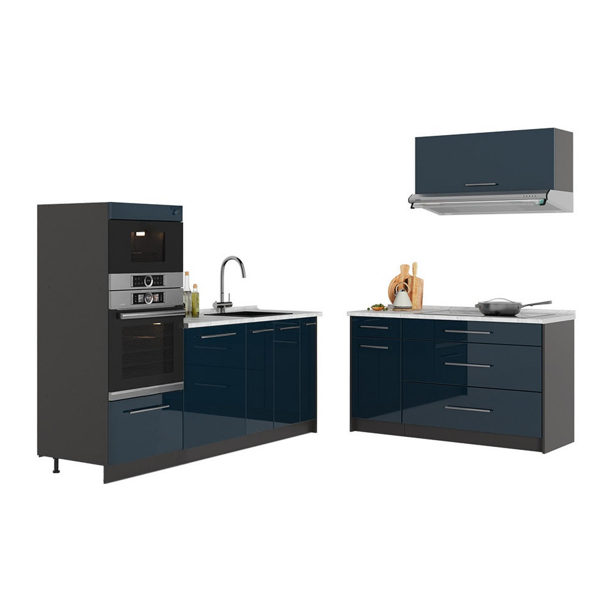 KÜCHENZEILE Fame-Line, Dunkelblau Hochglanz/Anthrazit, 340 cm ohne Arbeitsplatte - Anthrazit/Dunkelblau, Holzwerkstoff (340/153.6/51.6cm) - Vicco