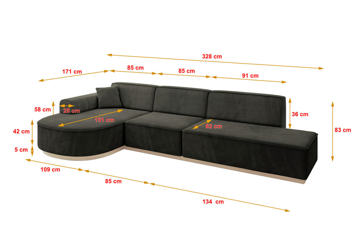 ECKSOFA Ottomane Links ARRIO-L2 - 328x171x83 cm Schwarz - Schwarz, Holzwerkstoff/Textil (328/171cm) - ALTDECOR