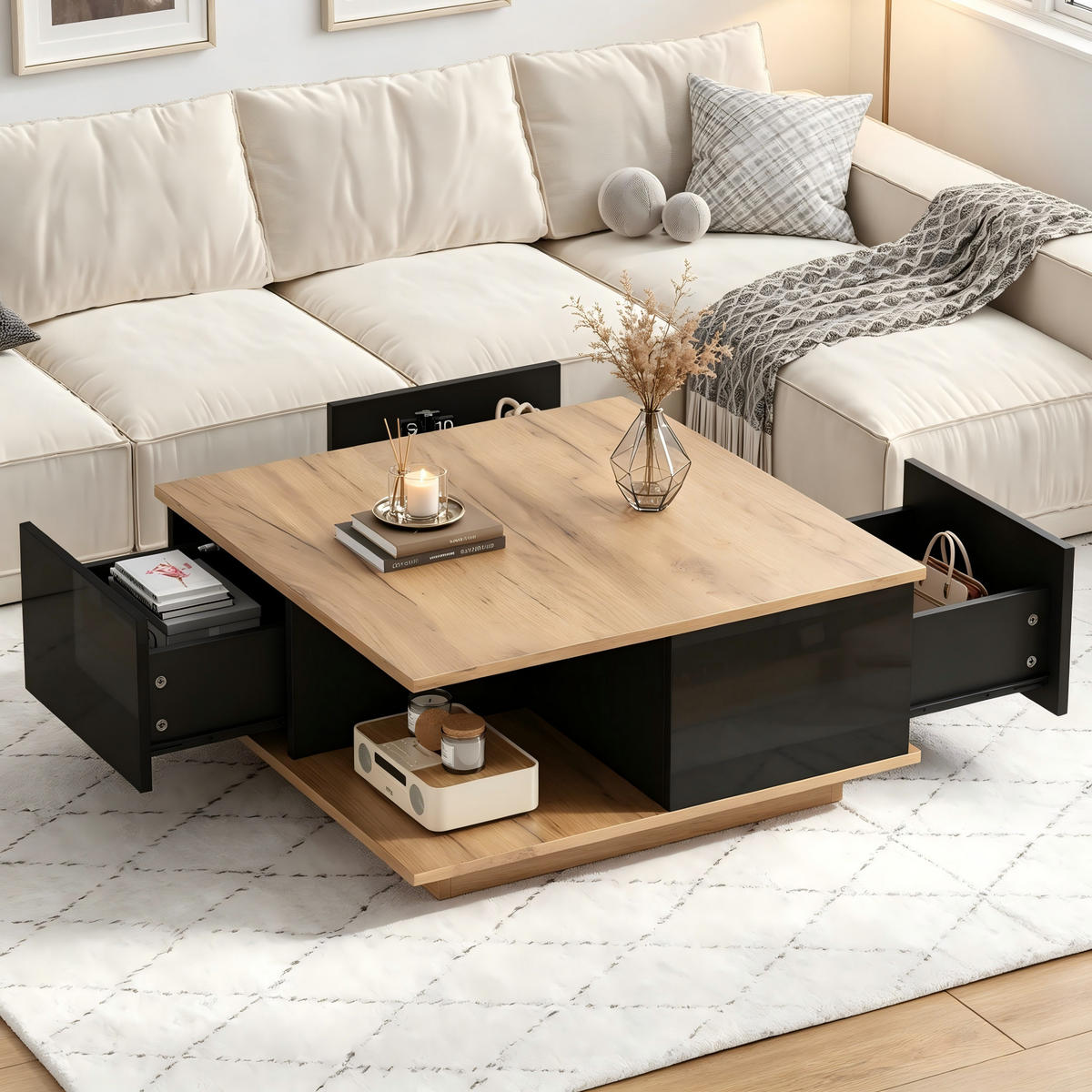 COUCHTISCH 70x70x31,5cm Hochglanz-Wohnzimmertisch mit 3 Schubladen Schwarz-Holz - Schwarz, Holz (81.89/78.74/14.66cm) - Raelunyi