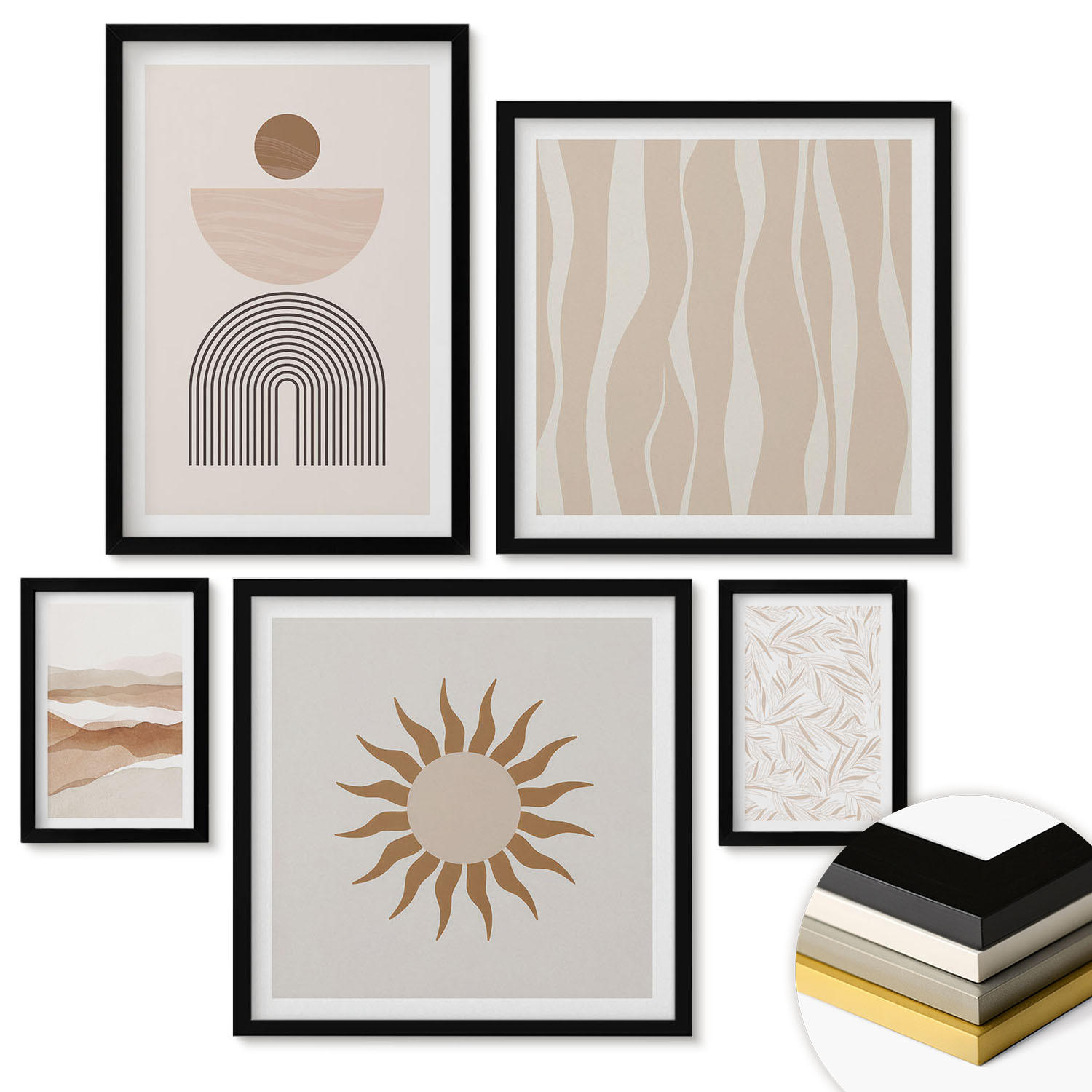 WANDBILDER 5er-Set - 50x50 cm & 20x30 cm & 40x60 cm Schwarzer Rahmen - Abstrakte Landschafts- und Naturgeometrie - Schwarz, Kunststoff (40/60cm) - ArtPrintCave